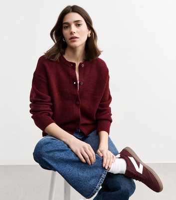 Dark Red Crew Neck Cardigan