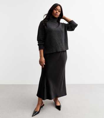 Curves Black Satin Midi Skirt