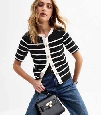 Black Striped Knitted Short Sleeve Cardigan