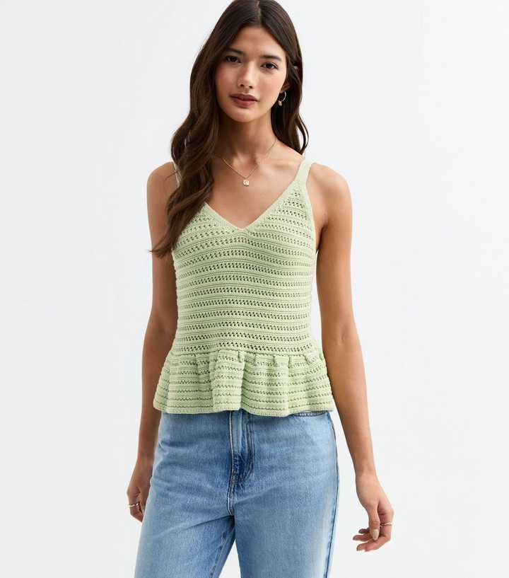 Green Open Knit V-Neck Peplum Vest