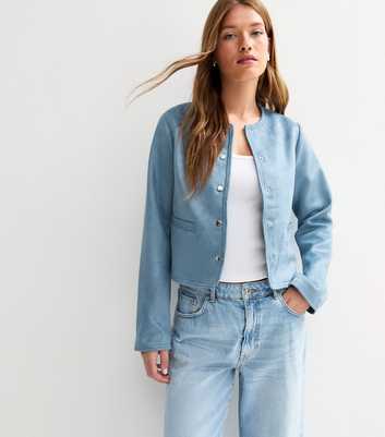 Blue Faux Suede Collarless Jacket