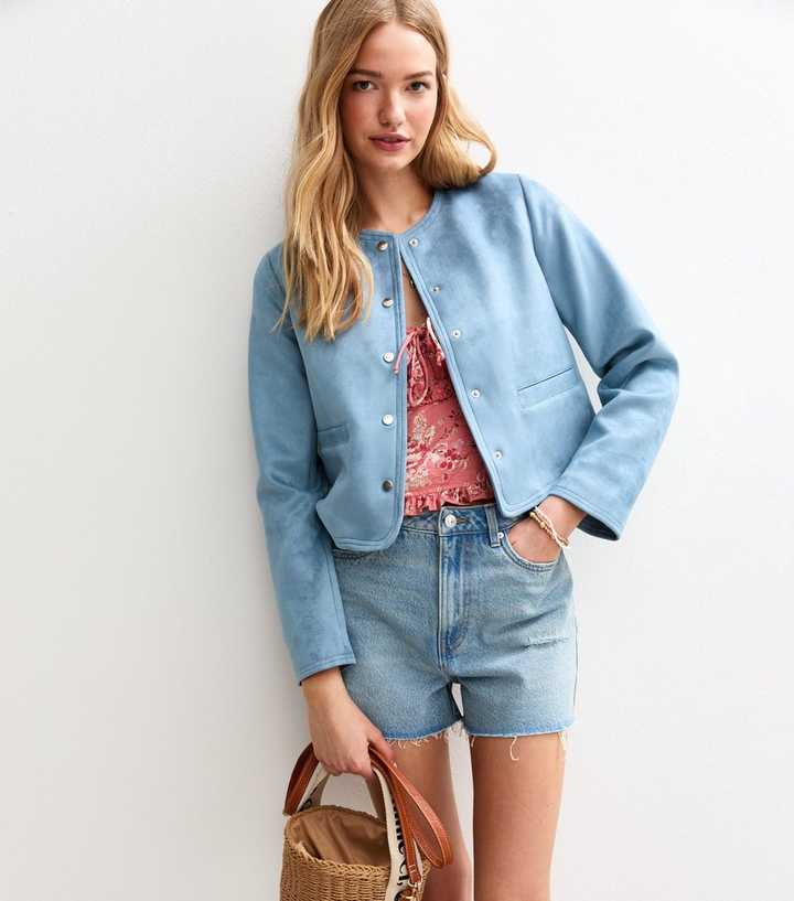 Blue Faux Suede Collarless Jacket