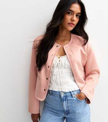 Pink Faux Suede Collarless Jacket