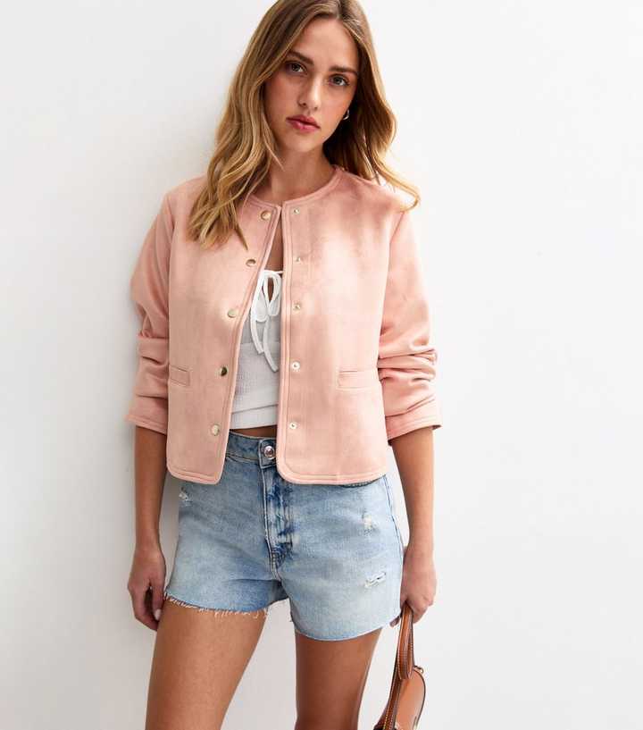 Pink Faux Suede Collarless Jacket