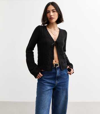 Black Open Knit Tie Front Cardigan