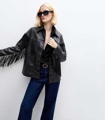 Black Faux Leather Fringed Jacket