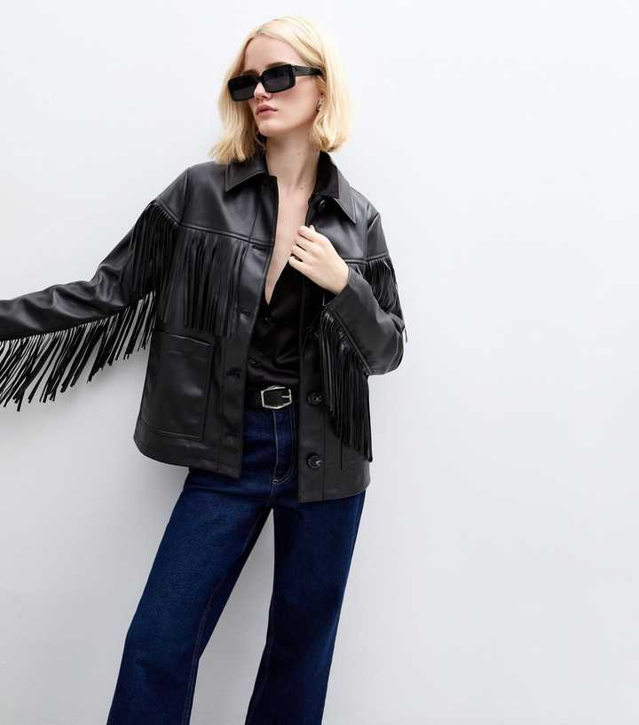 Black Faux Leather Fringed Jacket