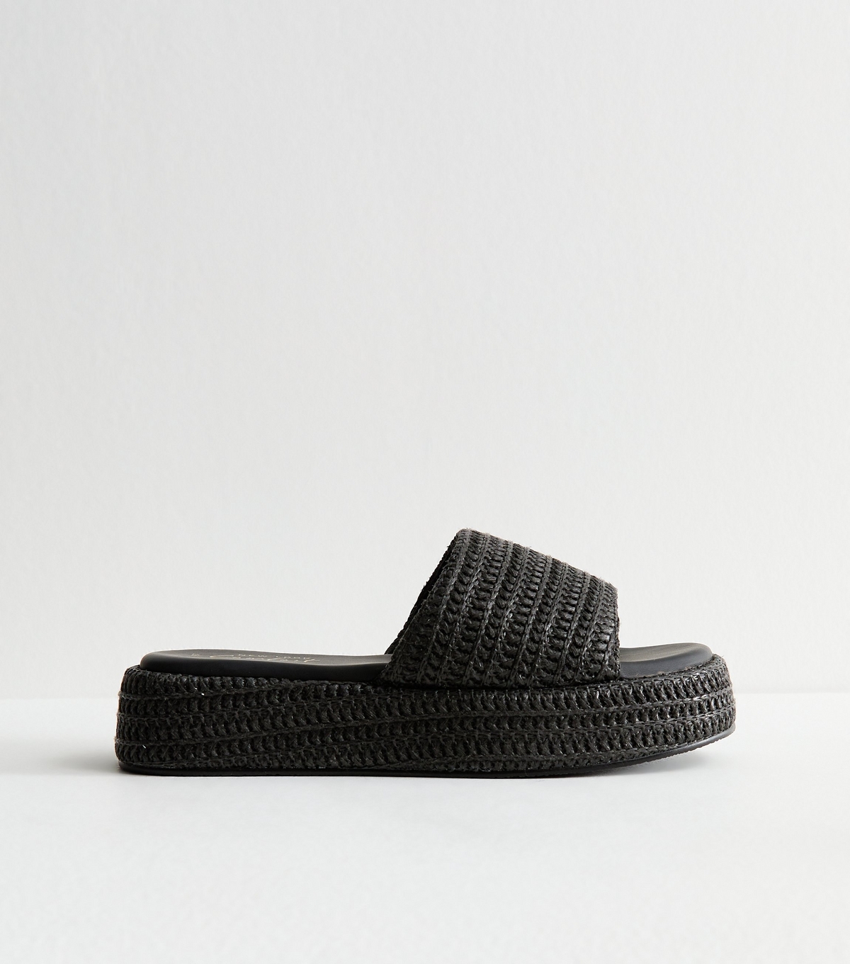 Women's Black Raffia And Faux Leather Platform Mules Vegan New Look