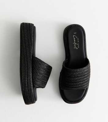 Black Raffia And Faux Leather Platform Mules