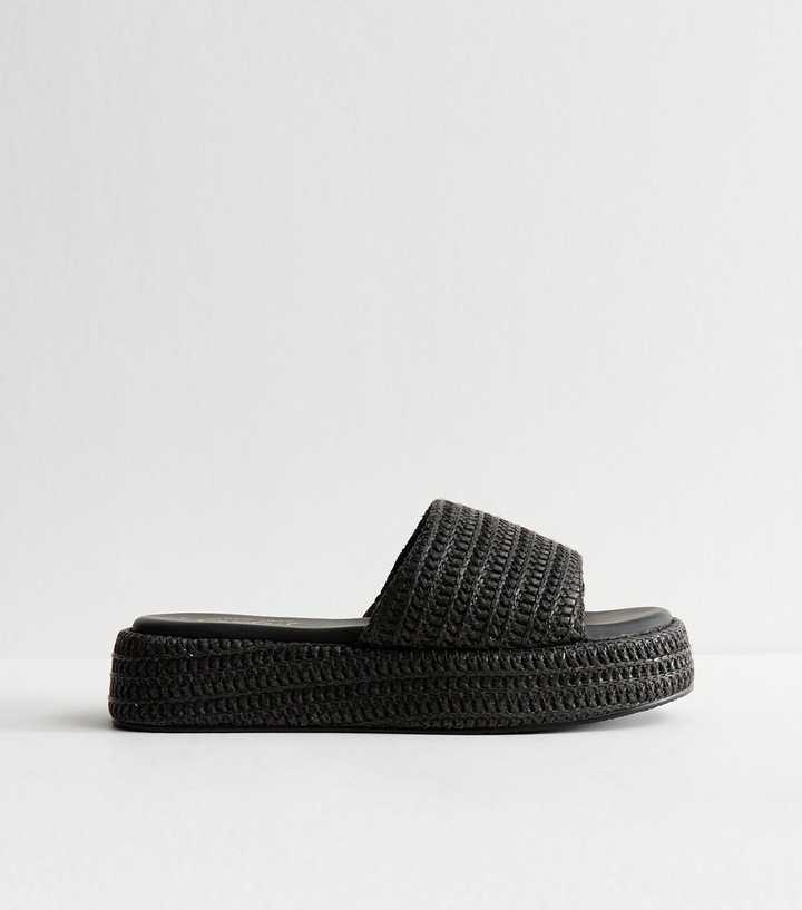 Black Raffia And Faux Leather Platform Mules