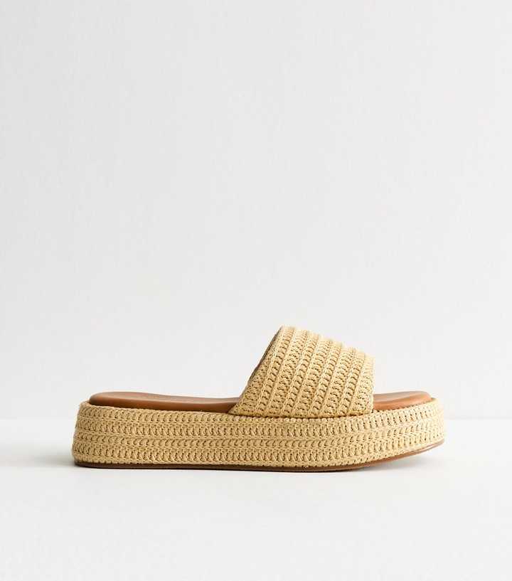 Cream Raffia And Faux Leather Platform Mules
