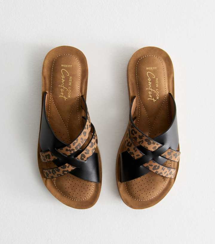 Wide Fit Leopard Print Faux Leather Woven Strap Sandals