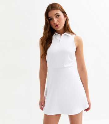 Girls White Quarter Zip Collared Mini Dress