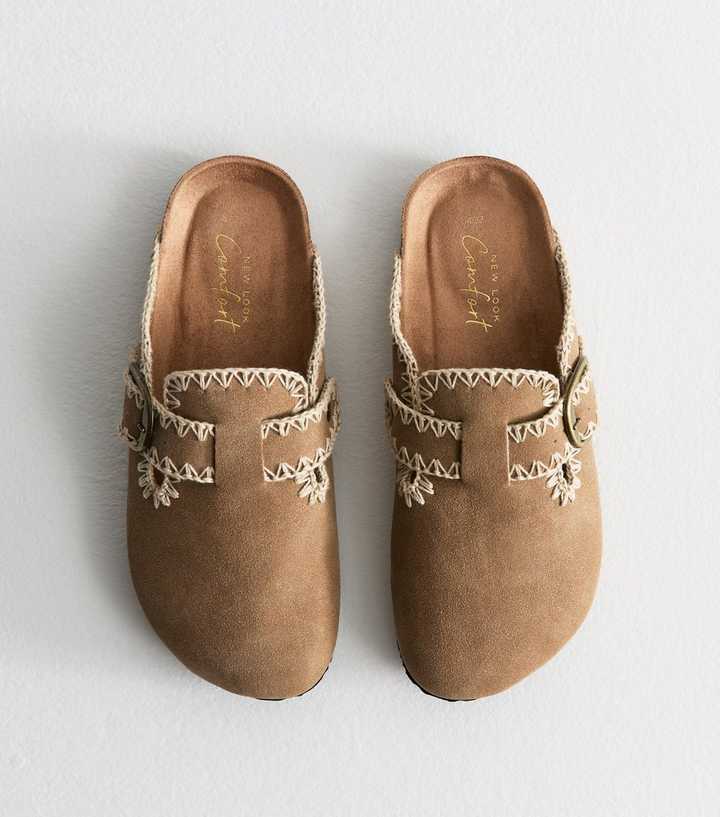 Brown Faux Suede Whipstitched Mules