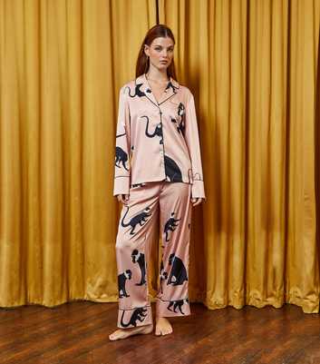 The Night Store Pink Macaque Print Shirt and Trouser Pyjama Set