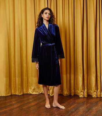 The Night Store Blue Wide Sleeve Tassel Trim Velvet Robe 