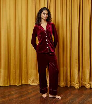 The Night Store Red Velvet Shirt and Trouser Pyjama Set