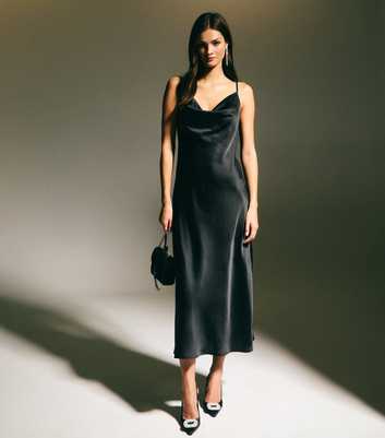 Black Cowl Neck Satin Midi Dress