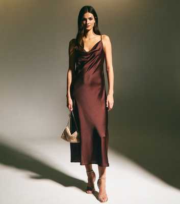 Brown Cowl Neck Satin Midi Dress