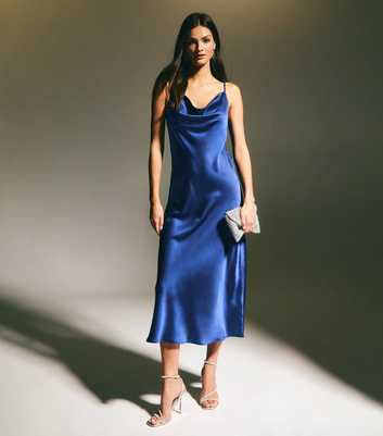 Blue Cowl Neck Satin Midi Dress