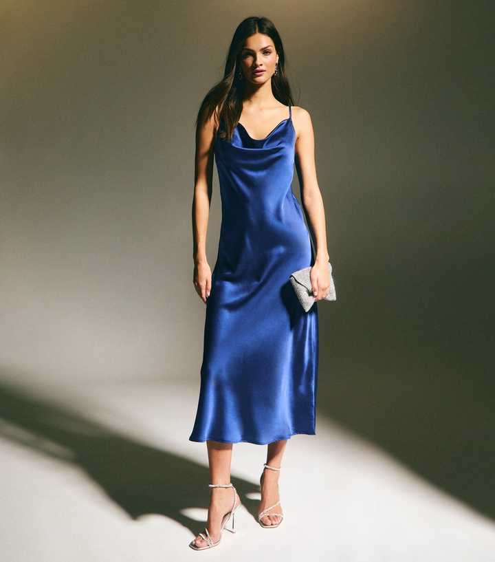 Blue Cowl Neck Satin Midi Dress