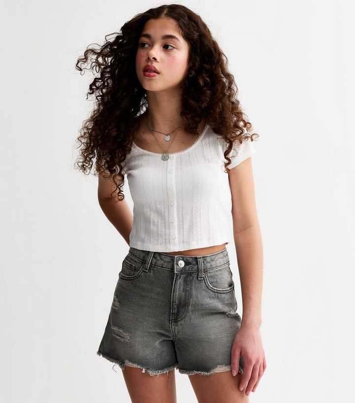 Girls Dark Grey Mom Style Distressed Denim Shorts