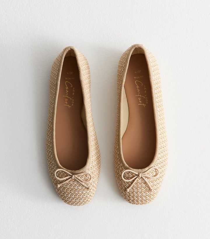 Wide Fit Off White Raffia Look Bow Detail Ballerina Pumps