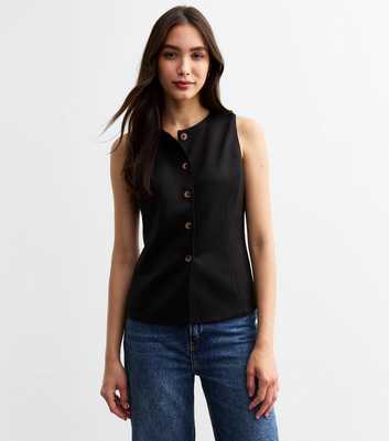 Black Button Up Crew Neck Waistcoat