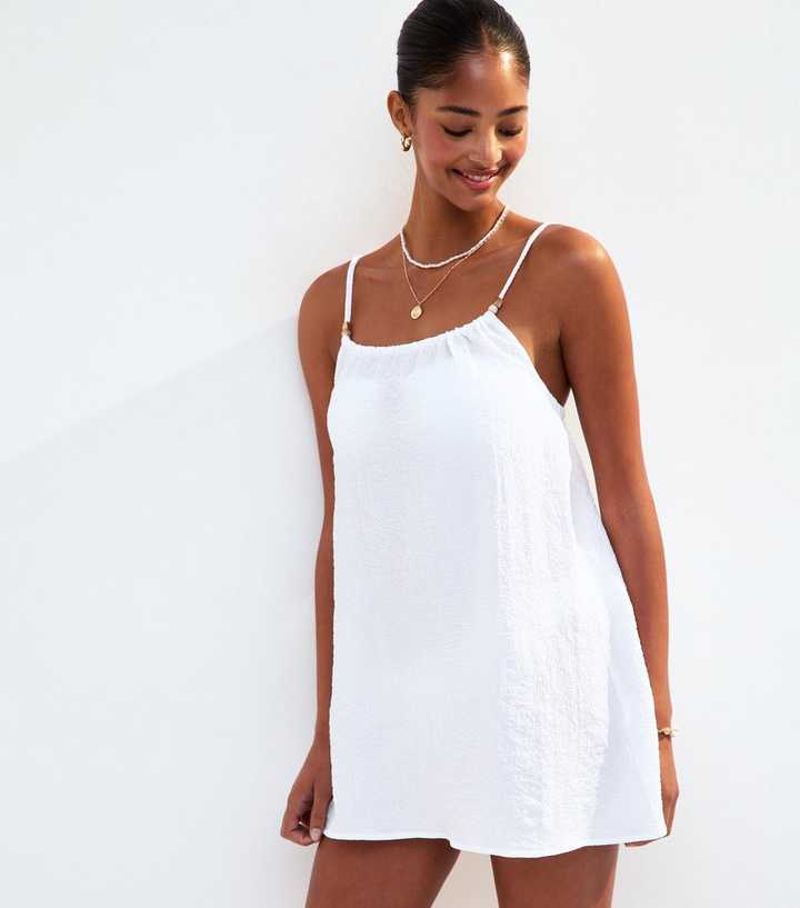 White Textured Beaded Strap Mini Dress