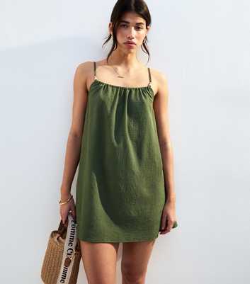 Khaki Textured Beaded Strap Beach Mini Dress