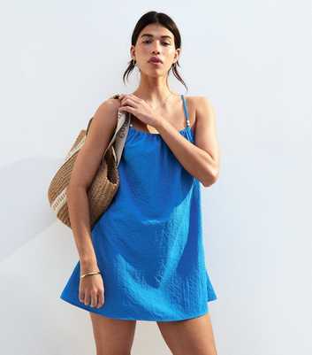 Bright Blue Textured Beaded Strap Beach Mini Dress