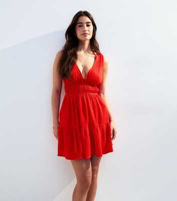 Red Crinkled V-Neck Dress 