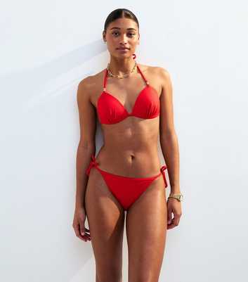 Red Wave Textured Beaded Halterneck Bikini Top