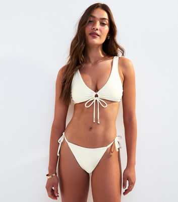 Cream Textured Wave Tie Side Bikini Bottoms