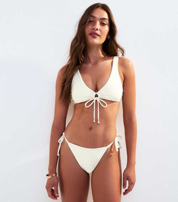 Cream Textured Wave Tie Side Bikini Bottoms