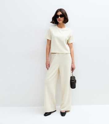 Cream Textured Button Detail Wide Leg Trousers