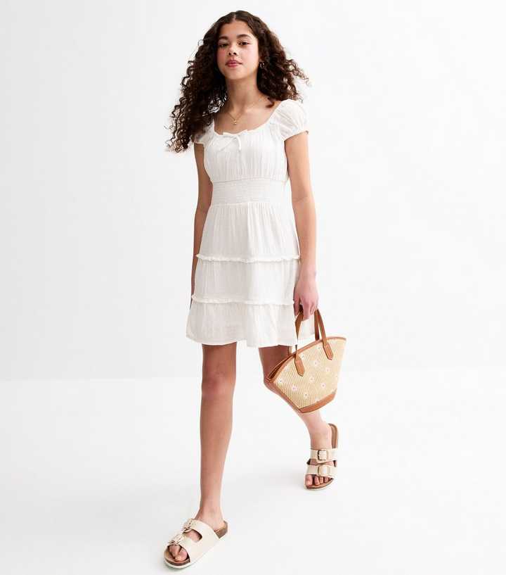 Girls White Swiss Dot Milkmaid Mini Dress