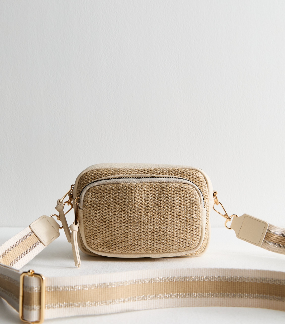 Stone Woven Raffia Look Faux Leather Crossbody Bag New Look