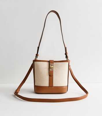 Brown Faux Leather Twist Lock Canvas Bucket Bag