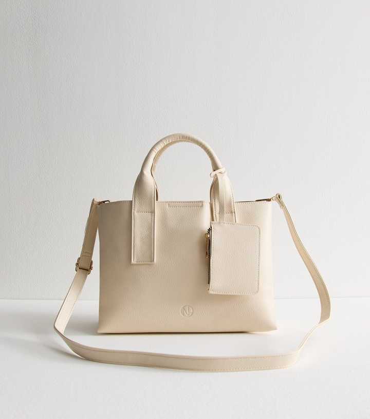 Cream Grained Faux Leather Tote Bag and Coin Purse Set New Look