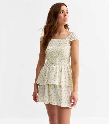 Girls White Floral Print Shirred Dress