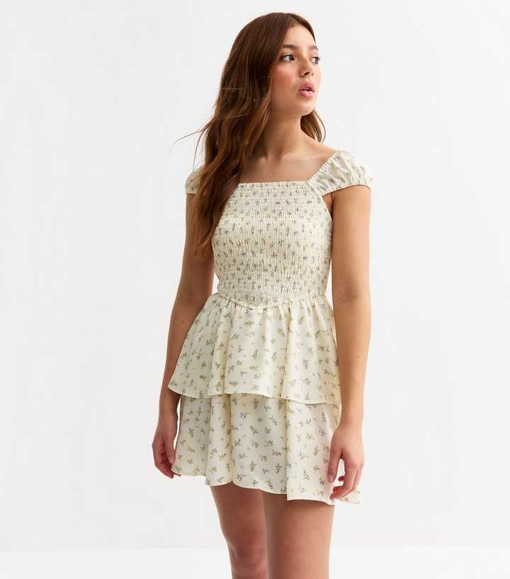 Girls White Floral Print Shirred Dress