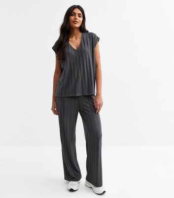 Dark Grey Wide Rib Relaxed Trousers