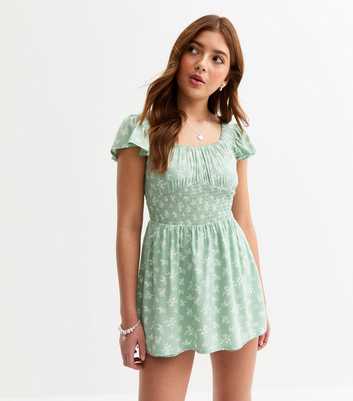 Girls Green Floral Print Shirred Skort Mini Dress