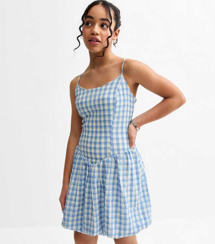 Girls Blue Gingham Check bubble Hem Dress