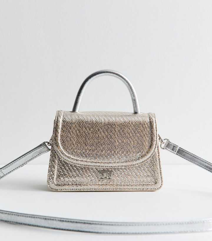 Silver Raffia Top Handle Mini Bag