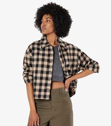 Apricot Black Plaid Cropped Flannel Shacket