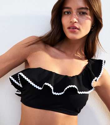 Black Textured Frilly Trim One Shoulder Bikini Top