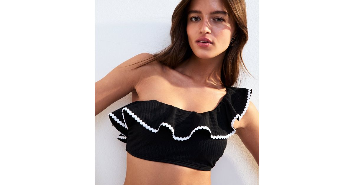 Clothing Frill Trim Bandeau Bikini Set Black Textured Frilly Trim