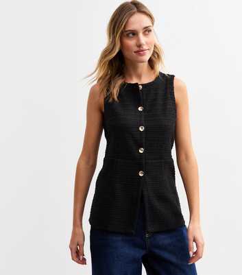 Black Boucle Crew Neck Button Up Waistcoat